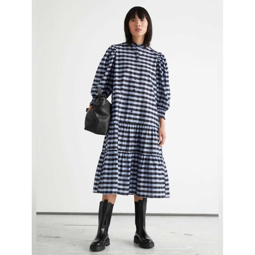 & Other Stories NWT Gingham Tiered Maxi Shirt Dress 10 Blue Black Tencel Modal